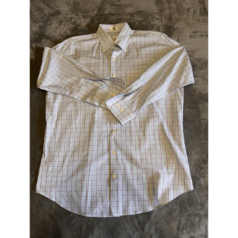 Peter Millar Mens Shirt Men L Purple/Blue/White  Check Long Sleeve Button-Up